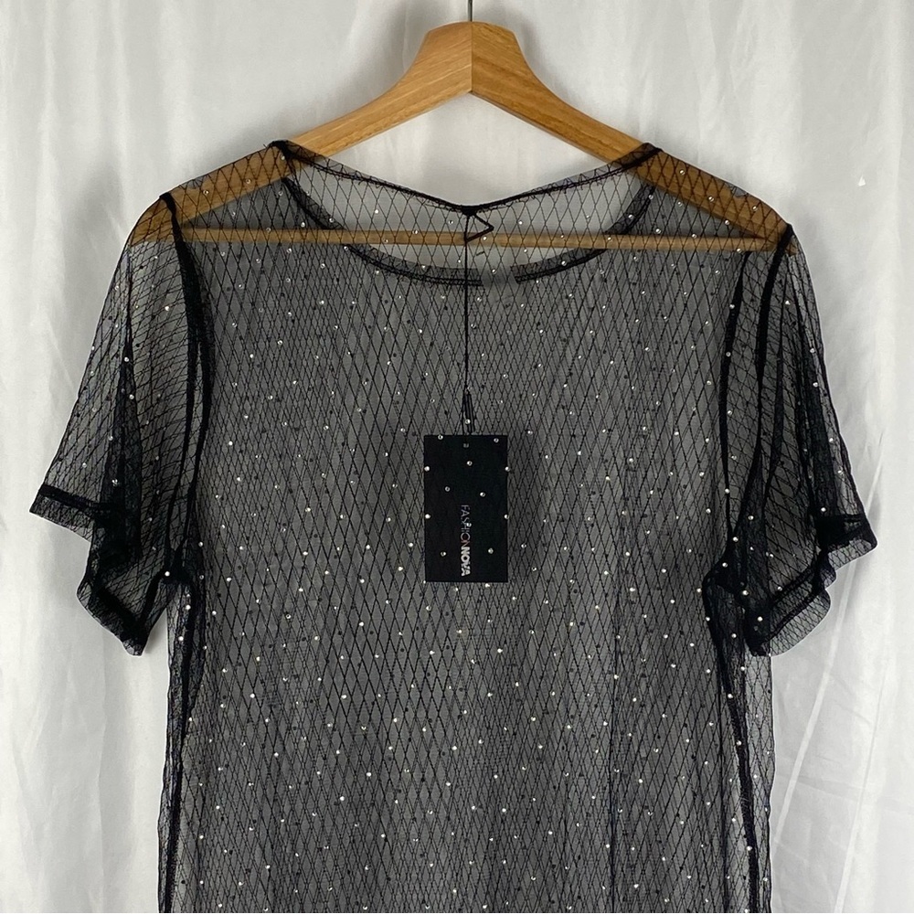 Fashion Nova Black Sheer Short Sleeve Dress with Silver Accents Size Medium - Picture 10 of 16